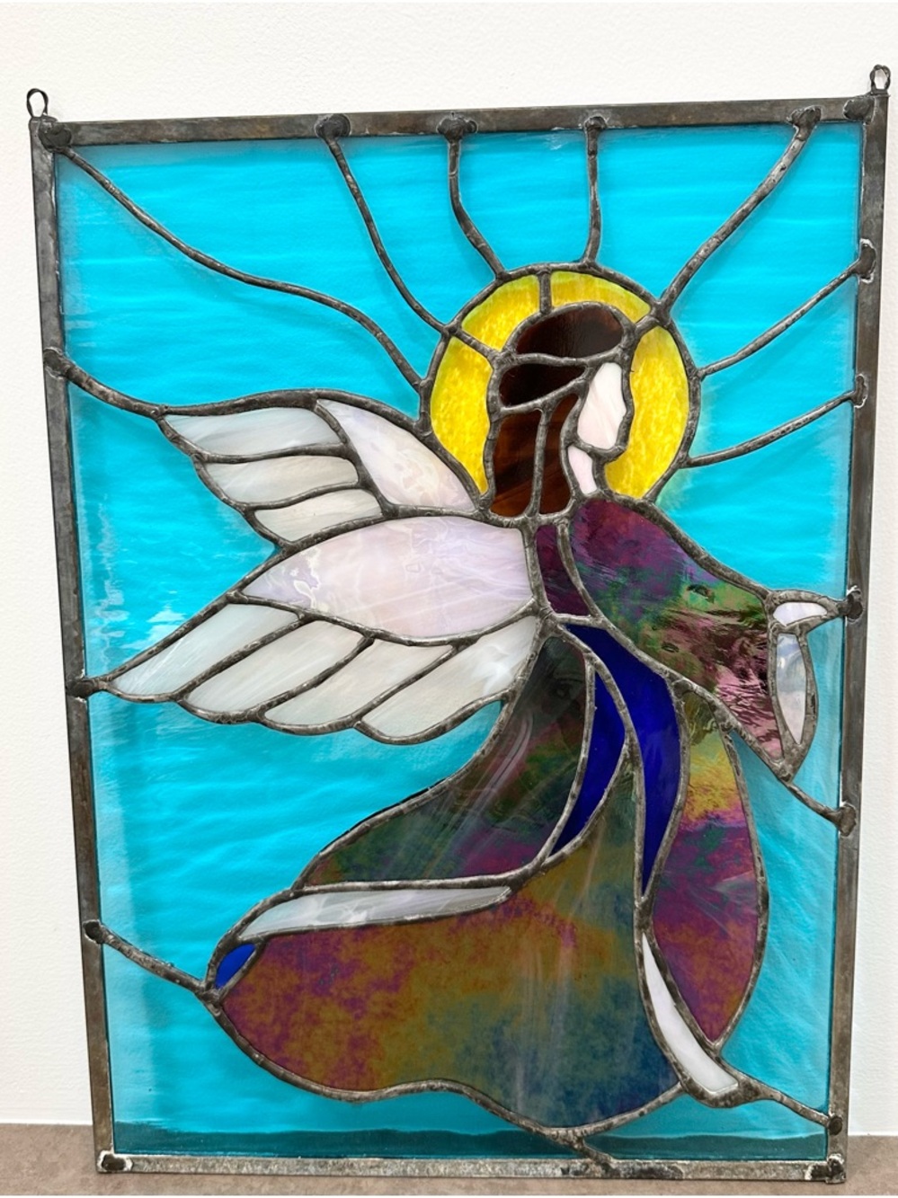 Stained Glass Angel Window Panel in Burgundy, White, Blue, Yellow 19 x 14 inches - Picture 13 of 14